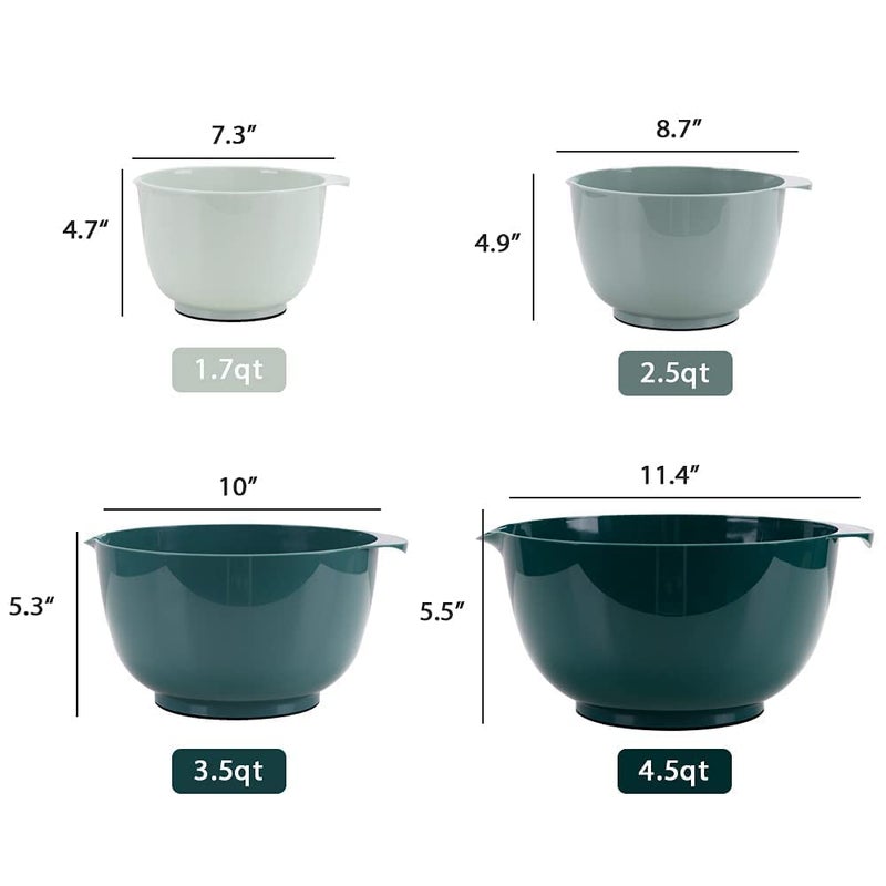 BoxedHome مجموعة أوعية خلط بلاستيكية من BoxedHome Green Ombre Nesting مع فوهة للصب في الميكروويف وغسالة الأطباق، آمنة للاستخدام في غسالة الأطباق وخالية من مادة BPA، مجموعة من 4 مقاسات 1.7 و2.5 و3.5 و4.5qt رائعة لتحضير الخبز والطهي - Image 2